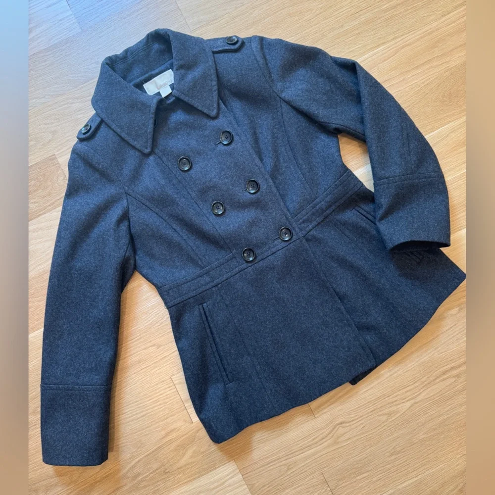 Michael Kors Wool-Blend Double-Breasted Peacoat Jacket - Dark Gray - M Medium